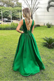 Elegant A Line Green Sexy V-Neck Long Satin Backless Prom Dress Evening Dress P1408