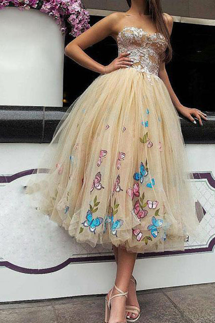 Champagne Strapless Sweetheart Appliques Tulle Tea Length Prom Dresses uk PM992