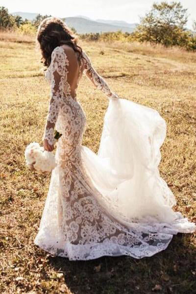 Romantic Long Appliques Backless Lace Mermaid Ivory Long Sleeve Wedding Dresses PM294