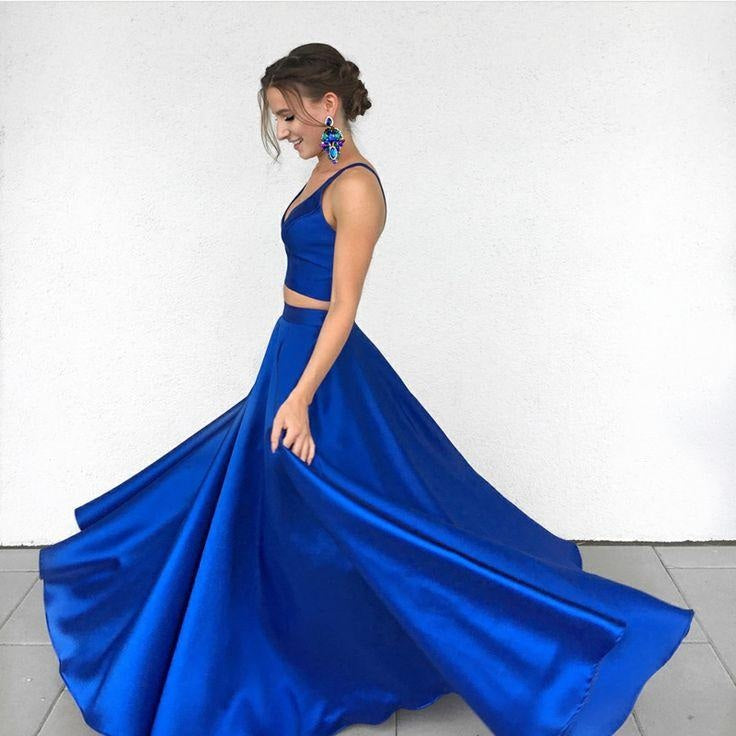 Sexy Royal Blue Two Piece Long Simple Satin Blue V-Neck Formal Evening Prom Dresses uk PM620