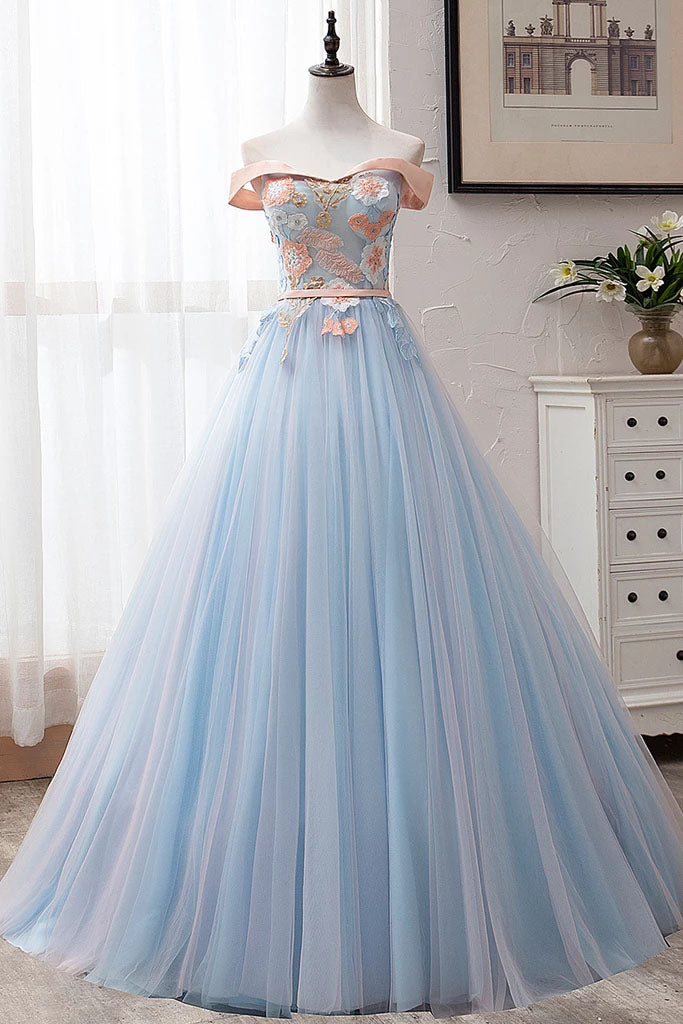 Ball Gown Off the Shoulder Tulle Sweetheart Appliques Prom Dresses, Quinceanera Dresses P1206