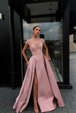 Charming High Neck Beading Satin Pink Cap Sleeves Prom Dresses with Split, Dance Dresses P1368