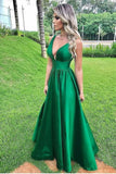 Elegant A Line Green Sexy V Neck Long Satin Backless Prom Dresses, Evening Dresses P1408
