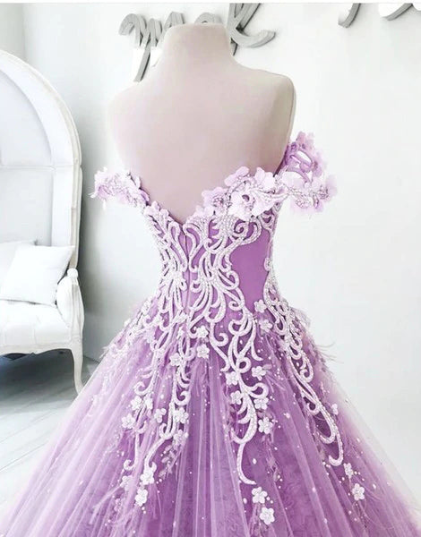 Ball Gown Off the Shoulder V Neck Tulle Lavender Beads Prom Dress Quinceanera Dress P1427