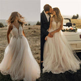 Spaghetti Straps Tulle Deep V-Neck Wedding Dress Romantic Bohemian Beach Bridal Dress W1175