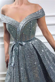 Elegant Sequins Off the Shoulder Sleeveless Prom Dress Silver Slit Evening Dress P1316