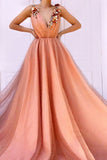 Charming Orange 3D Flowers Long Prom Dresses V-neck Tulle Cheap Evening Dresses P1221