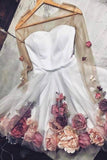 White Tulle Applique Short Prom Dress, Long Sleeve Homecoming Dresses with Flowers PW827