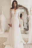 Off White Chiffon Open Back Long Sleeves Wedding Dress,Simple A Line V Neck Lace Prom Dress PH743