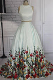 Simple Two Pieces Ivory Floral Print High Neck Sleeveless Prom Dresses, Evening Dresses P1012