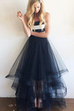 Tulle Navy Blue and Stripe Long Sleeveless Strapless Prom Dresses PH558