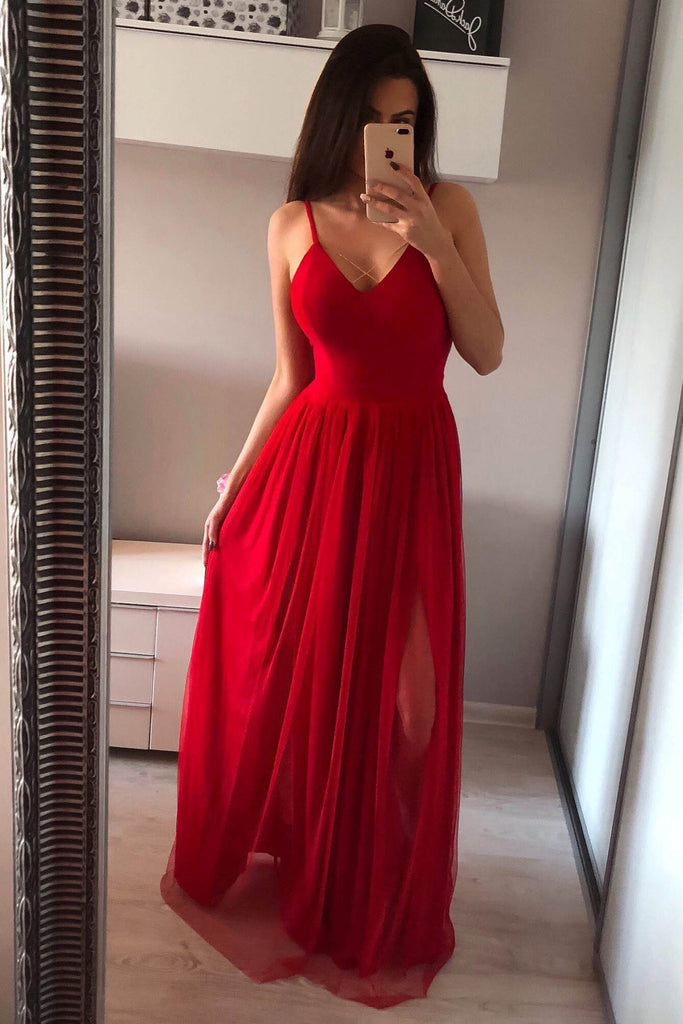 A Line Spaghetti Straps Red See Through Long Silver Simple Tulle Prom Dresses uk with Slit PW96