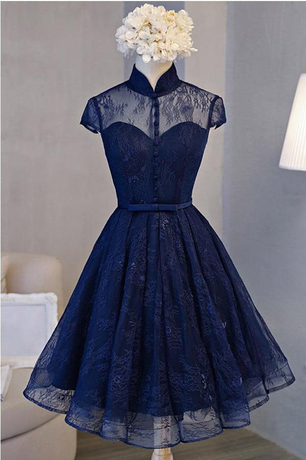 A Line Navy Blue Short High Neck Lace Open Back Cap Sleeve Mini Lace-up Homecoming Dresses PH588