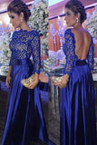 Elegant A Line Round Neck Open Back Long Sleeves Royal Blue Lace Long Prom Dresses uk PW135