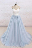 Simple A-Line Light Blue Sweetheart Spaghetti Straps Chic Blue Tulle Backless Prom Dresses uk PH187