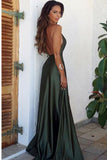 Elegant Simple Sexy Backless High Split Long V-Neck Open Back Green Prom Dresses uk PH437