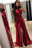 A-Line Cross Neck Floor-Length Sleeveless Dark Red Prom Dresses UK with Split Keyhole PH325