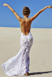 Beach Backless Sexy Mermaid Lace White Open Back Halter V-Neck Summer Wedding Dress PM698