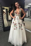 Fashion A Line Deep V Neck Backless Ivory Lace Prom Dress with Appliques N1482