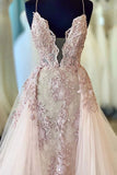 Spaghetti Straps Beads Appliques Deep V-Neck Pink Prom Dress with Detachable Train P1204