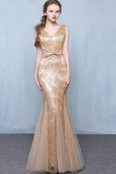 Golden Sequins V-Neck Mermaid Elegant Tulle Sleeveless Prom Dresses uk with Sash Bowknot PH248