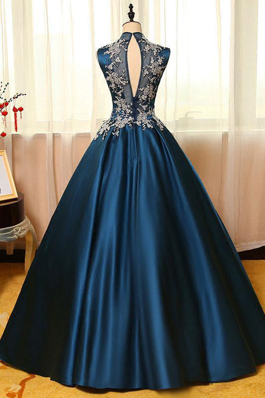 High Neck Sleeveless Appliques Ball Gown Open Back Satin Long Floor Length Blue Prom Dresses uk PH234