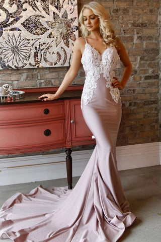 Spaghetti Straps Mermaid V-Neck Prom Dress with Appliques Long Party Dress P1545