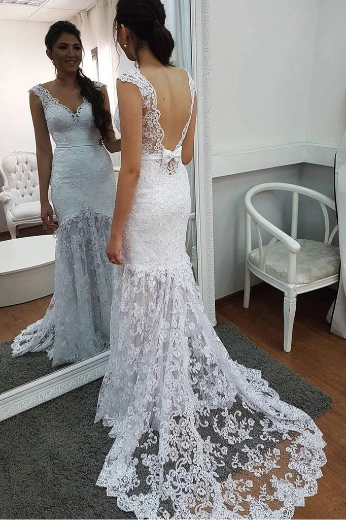 Elegant Mermaid Lace Applique V Neck Wedding Dresses Backless Wedding Gowns W1159