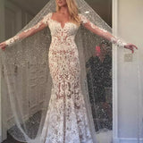 Romantic Long Appliques Backless Lace Mermaid Ivory Long Sleeve Wedding Dresses PM294