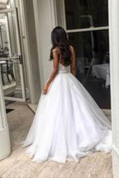 Elegant Sweep Train Backless Wedding Dresses Lace Top Spaghetti Straps Bridal Dresses PW280