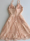 A-Line Spaghetti Straps Short Champagne Tulle Homecoming Dress with Appliques PM297