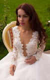 Boho Princess A-Line V-Neck Tulle Lace Long Sleeves White Wedding Gowns PM163