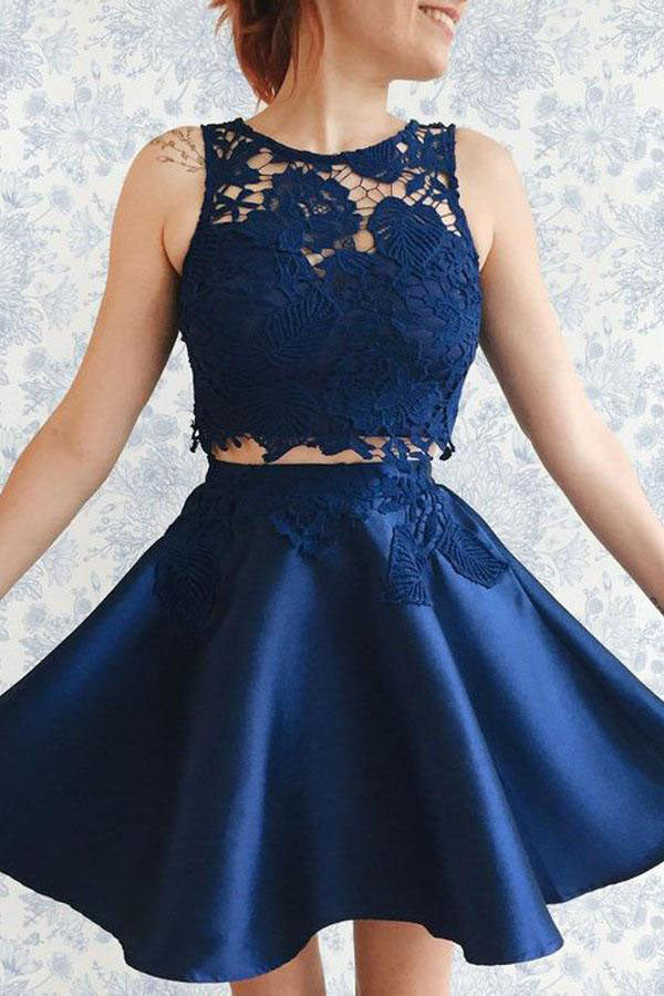 Two Piece Dark Blue Satin Cute Short A-Line Homecoming Dress with Lace Appliques PM130