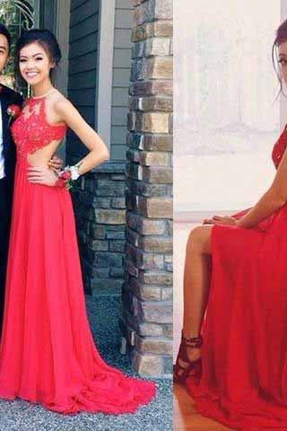 Sexy Red Backless Lace Unique Halter A Line Slit Criss Cross Prom Dress