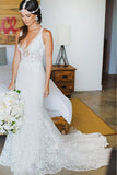 Elegant Mermaid Lace V-Neck Court Train Ivory Sleeveless Beach Wedding Dresses PH314