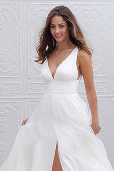 White Long A-Line Chiffon Deep V-Neck Sleeveless Side Split V-Back Wedding Dresses PH387