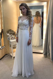 Online A-line Scoop Neck Chiffon Tulle Appliques Lace Long Sleeve Backless Prom Dresses uk PM695