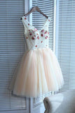 A Line V-Neck Seam Beads Appliques Tulle Lace up Pink Short Homecoming Dress PW01